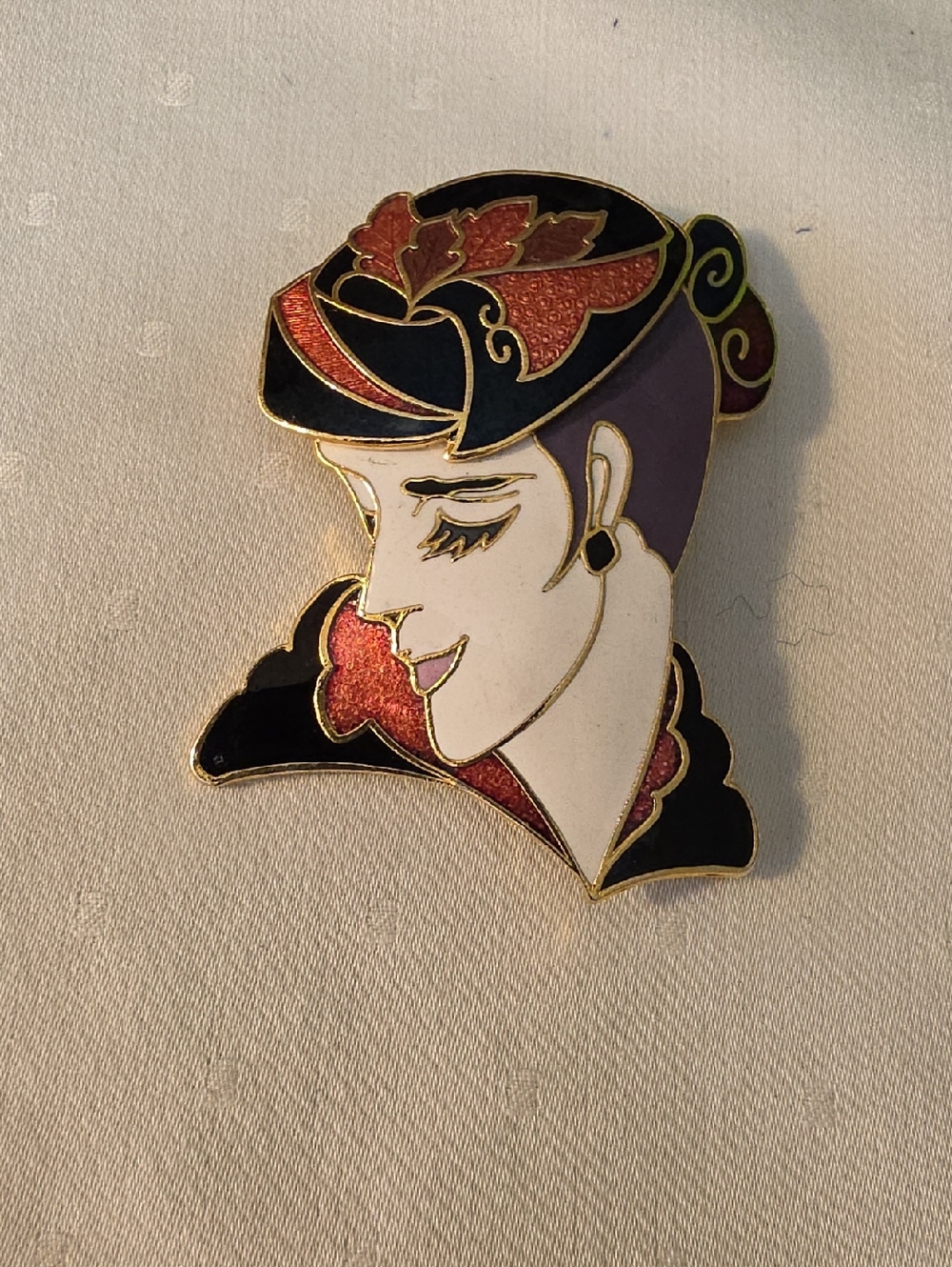 Artistic Enamel Portrait Brooch - Black, Purple, White with Red Accents